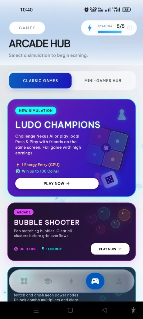 Earniva Arcade Hub Screen
